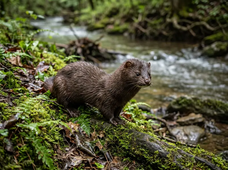 An American mink with sleek dark brown fur on a mossy creek bank in Tennessee, sharp wildlife photo.