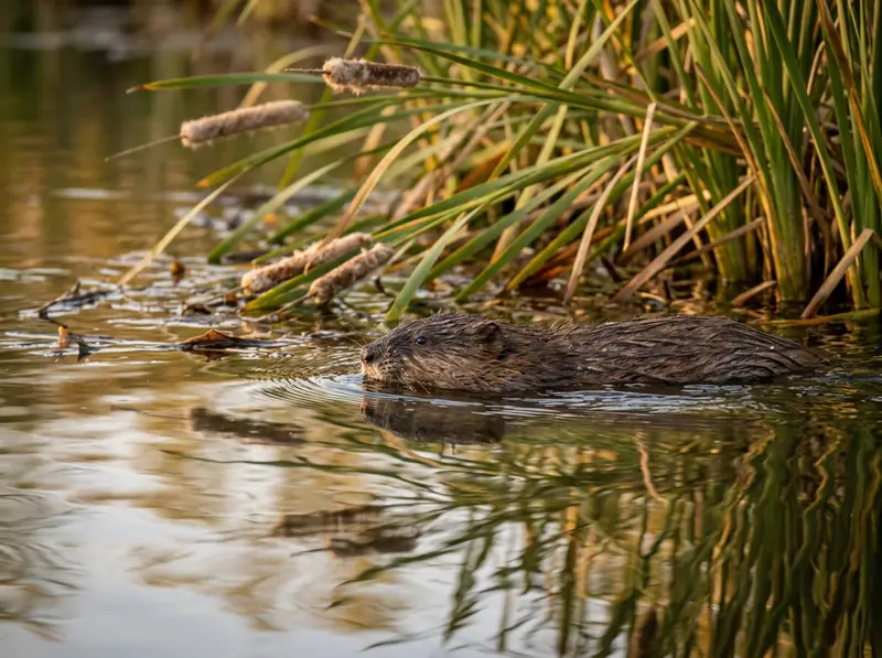 A muskrat swimming at the edge of a Tennessee pond with cattails, water ripples, golden evening light.