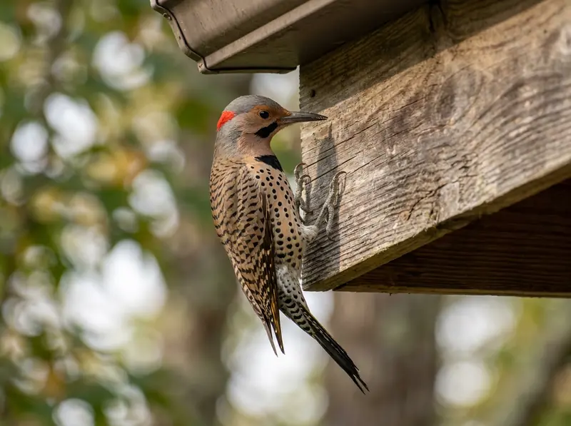 A northern flicker with spotted breast and black bib clinging to a wooden fascia board of a house in Tennessee.