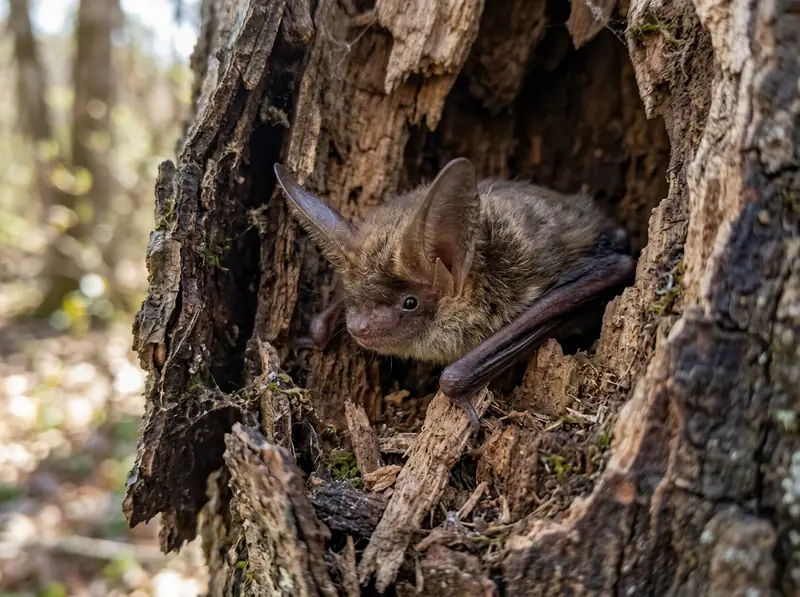A northern long-eared bat with long ears resting in a tree cavity in Tennessee woods, macro wildlife photo.