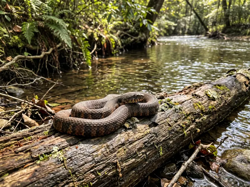 A northern water snake with brown bands basking on a log beside a Tennessee creek in sunlight, sharp detail.