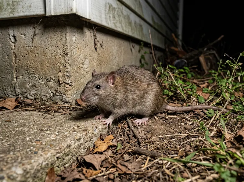 A brown Norway rat at the edge of a concrete foundation near a Tennessee garage, low flash-lit night photo.