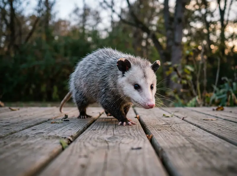 A Virginia opossum with pale face and pink nose walking on a wooden deck at dusk in Tennessee.