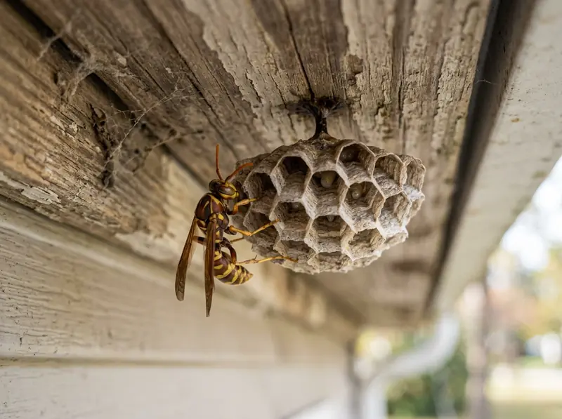 A paper wasp tending an open umbrella-shaped nest under a Tennessee house eave, macro photo, sharp.