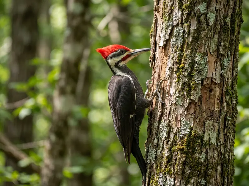 A pileated woodpecker with bright red crest clinging to a tree trunk in Tennessee woods, sharp wildlife photo.
