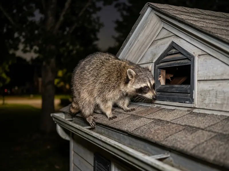 Raccoon in Tennessee | Music City Wildlife A raccoon on the edge of a roof peering into an open attic vent at night, flash-lit, Tennessee suburban house.