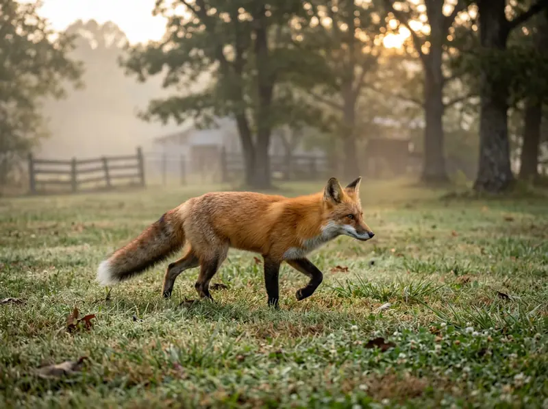 A red fox with bright orange coat and white-tipped tail trotting through a Tennessee yard at dawn.