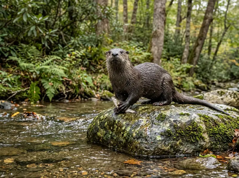 A North American river otter standing on a rock at a clear Tennessee creek holding a fish, wet fur, soft light.