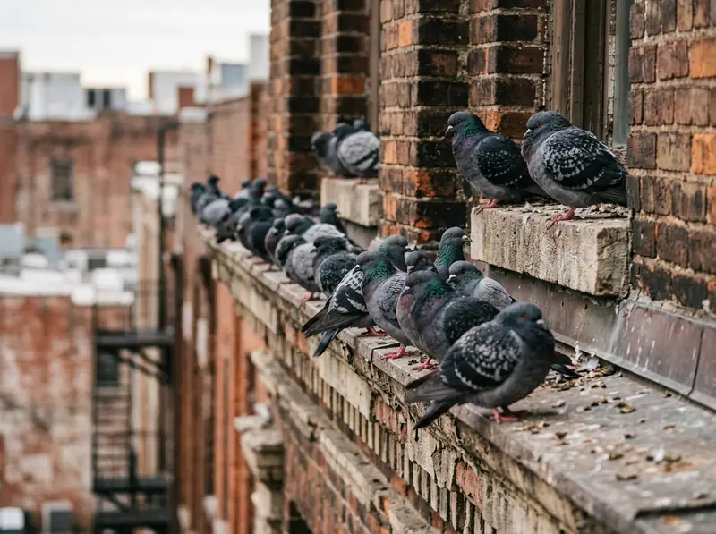 A flock of rock pigeons perched on the ledge of an old brick commercial building in downtown Nashville, soft light.