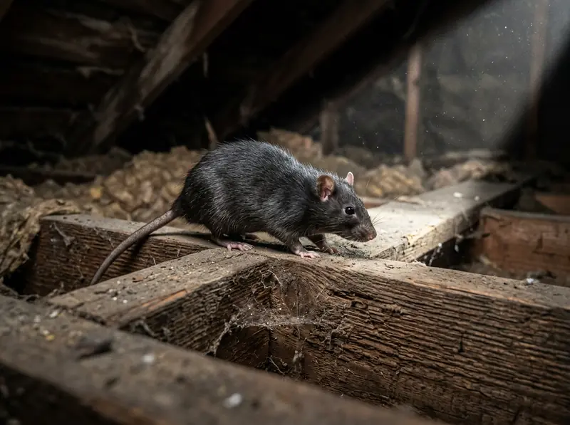 A sleek black roof rat walking along a wooden beam inside a dim attic, flashlight beam, realistic photo.
