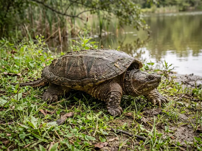 A common snapping turtle with a rough shell crossing a patch of grass beside a Tennessee pond, soft daylight.