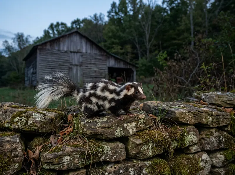 An eastern spotted skunk with broken white stripes on a stone wall near a barn at twilight in Tennessee.