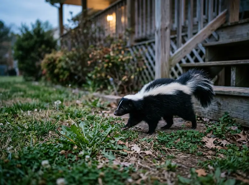A striped skunk walking along the edge of a Tennessee lawn near a porch at dusk, white stripe, soft light.