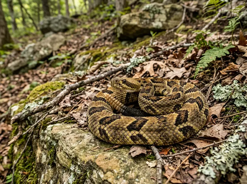 A timber rattlesnake coiled on a rocky Tennessee hillside with yellow-brown banding, sharp wildlife photo.