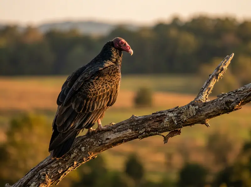 A turkey vulture with red bare head perched on a dead tree limb over a Tennessee field at golden hour.