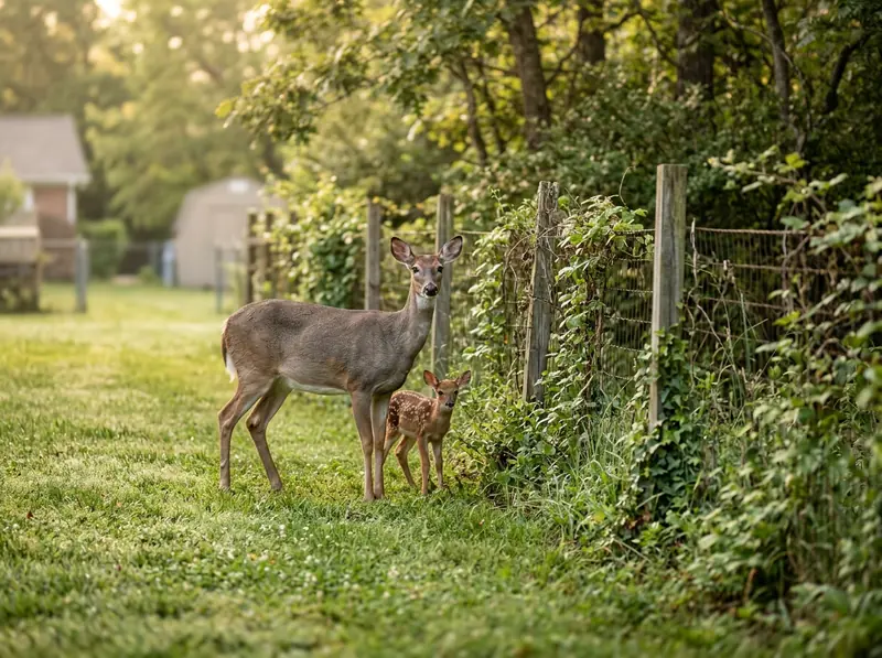 A white-tailed doe and fawn at the edge of a Tennessee suburban yard with a garden fence, soft morning light.