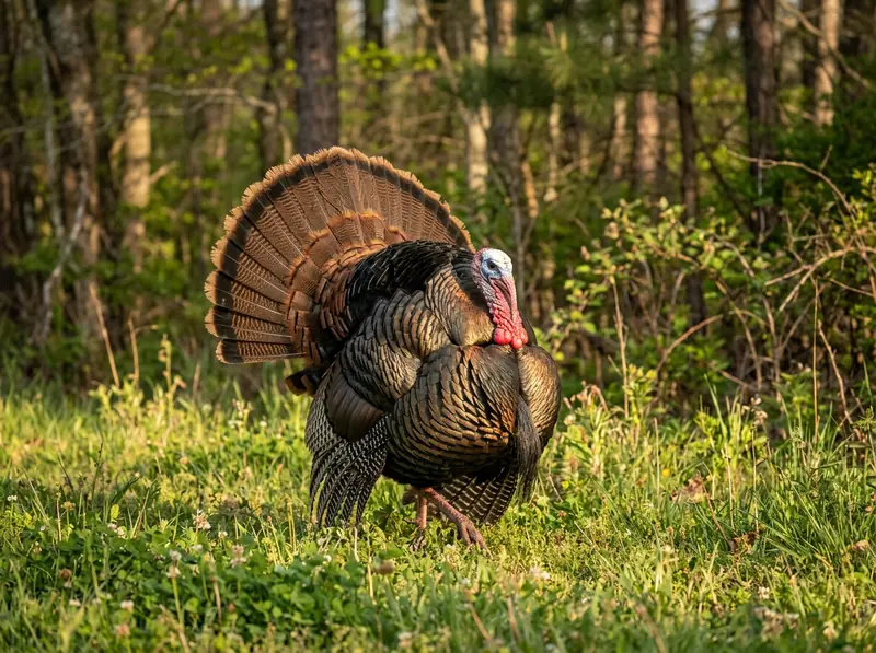 A wild turkey male in full display strutting across a green Tennessee field edge with woods behind, golden light.