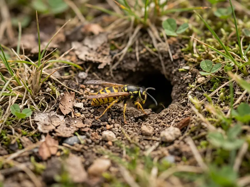 A yellowjacket wasp at the entrance to a ground nest in a Tennessee lawn, macro photo, sharp.
