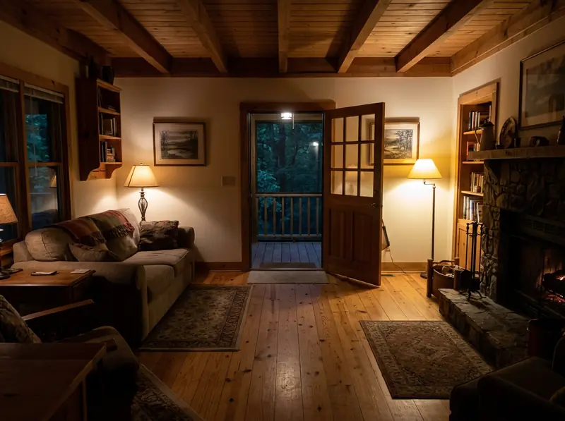 Open Door Cleared for an Animal in the Living Room | Music City Wildlife A Tennessee living room at night with a back door propped open and the lights dimmed, a trail of cleared floor leading to the door, warm light.