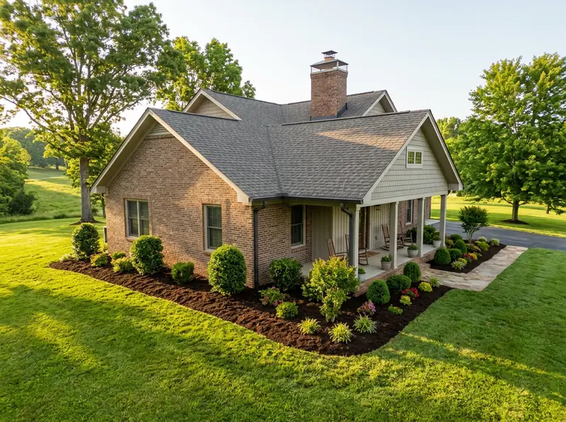 A tidy Tennessee home with tree limbs trimmed back from the roof, clean gutters, capped chimney and a neat mulch bed, bright morning light.