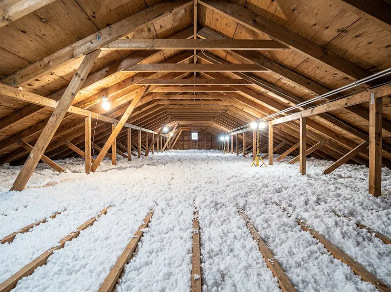 Attic After Cleanup With Fresh Insulation | Music City Wildlife A clean attic with fresh blown white insulation spread evenly between wood rafters, bright work lights, nothing left behind, wide view.