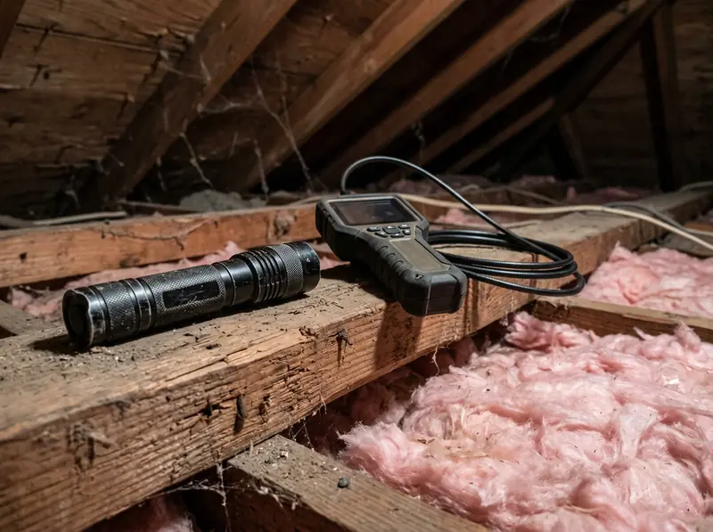 Attic Camera and Flashlight | Music City Wildlife A flashlight and an inspection camera on a wooden attic joist beside pink insulation and rafters, close realistic photo.
