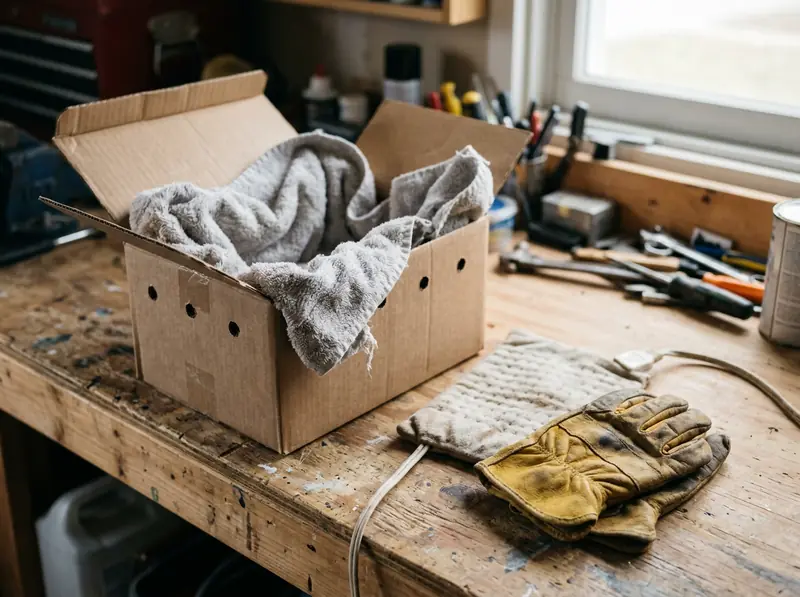 A ventilated cardboard box lined with a soft towel and a heating pad beside a pair of work gloves on a garage workbench, soft light.