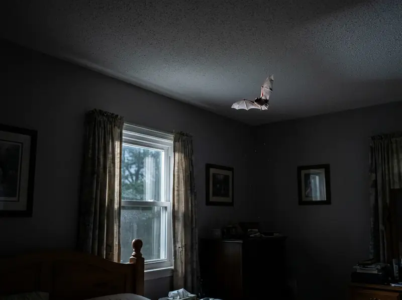 Bat Flying Across a Bedroom Ceiling at Night | Music City Wildlife A small bat in flight near the ceiling of a dim Tennessee bedroom at night, outlined by moonlight from the window, realistic photo.