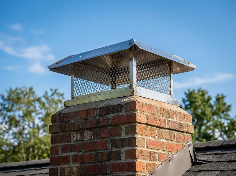 Stainless Steel Chimney Cap on a Brick Chimney | Music City Wildlife A shiny stainless steel chimney cap with mesh sides installed on a brick chimney against a blue Tennessee sky, seen from the roofline.