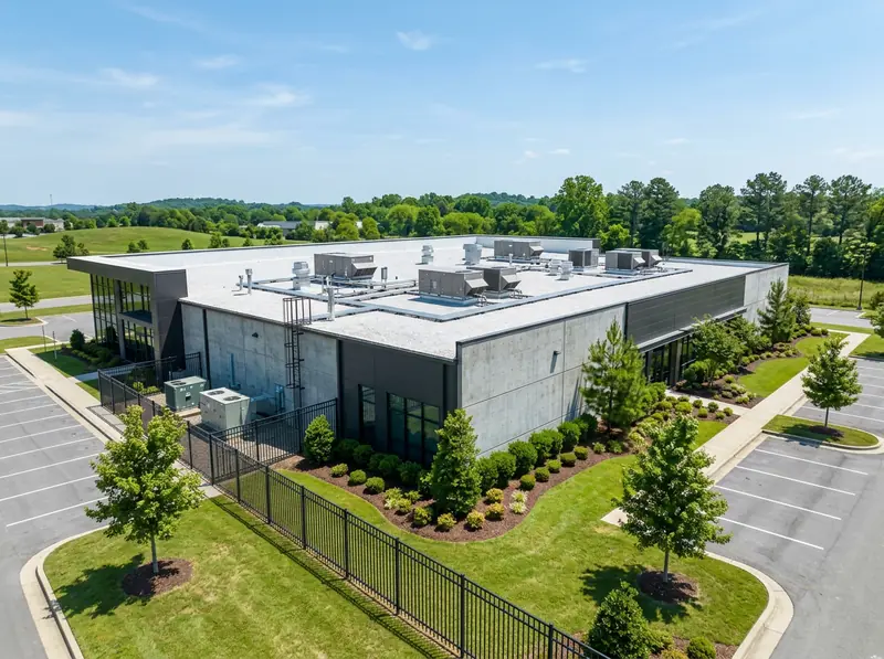 Commercial Building Roof and Perimeter | Music City Wildlife The roof and perimeter of a modern Tennessee commercial building with a clean fence line, rooftop units and neat landscaping, bright daylight.