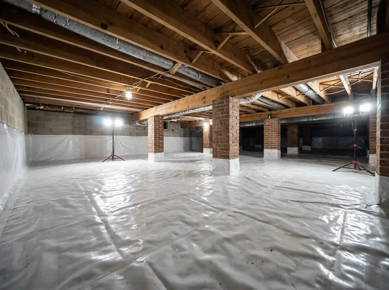 A clean residential crawl space with new vapor barrier laid on the soil, brick piers and bright work lights, wide view.