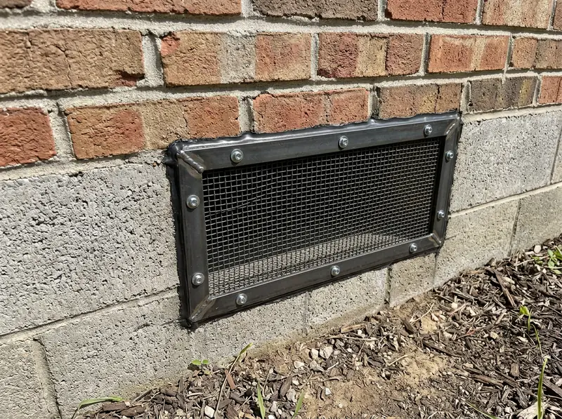 Foundation Vent With Steel Screen | Music City Wildlife A concrete block foundation vent fitted with a new heavy steel screen and a tight edge seal at the base of a Tennessee brick home, bright daylight.