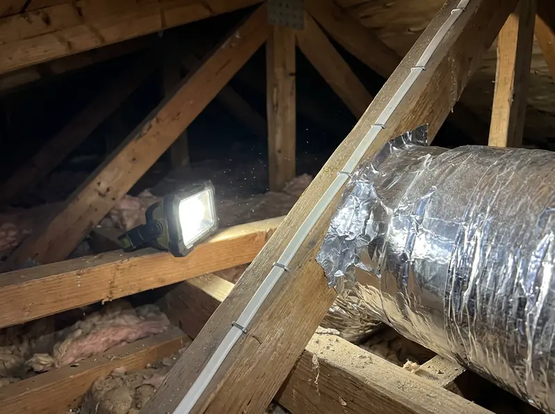 Repaired Air Duct and Wire in an Attic | Music City Wildlife A newly taped and sealed flexible air duct and wire neatly stapled along an attic rafter with a flashlight, close realistic photo.