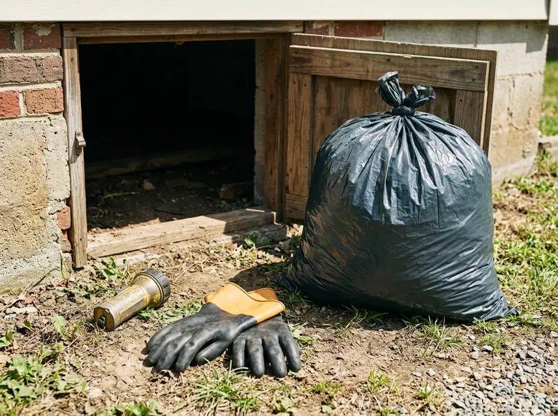 A heavy-duty sealed disposal bag, thick rubber gloves and a flashlight at the open access door of a crawl space, bright daylight.
