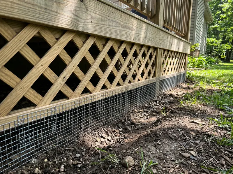 Lattice and Buried Mesh Skirt Under a Deck | Music City Wildlife The bottom of a wooden Tennessee deck with a clean lattice skirt and galvanized mesh buried in the soil along the edge so animals cannot dig under, bright daylight.