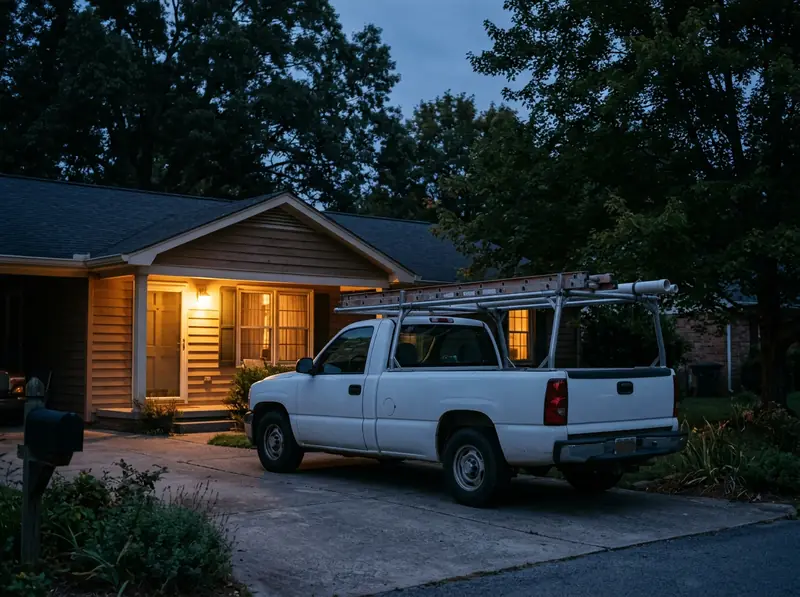 Service Truck at a House at Night | Music City Wildlife A plain unmarked white service pickup truck parked in the driveway of a Tennessee house at night with the porch light on and ladder on the roof rack, blue-hour tones.