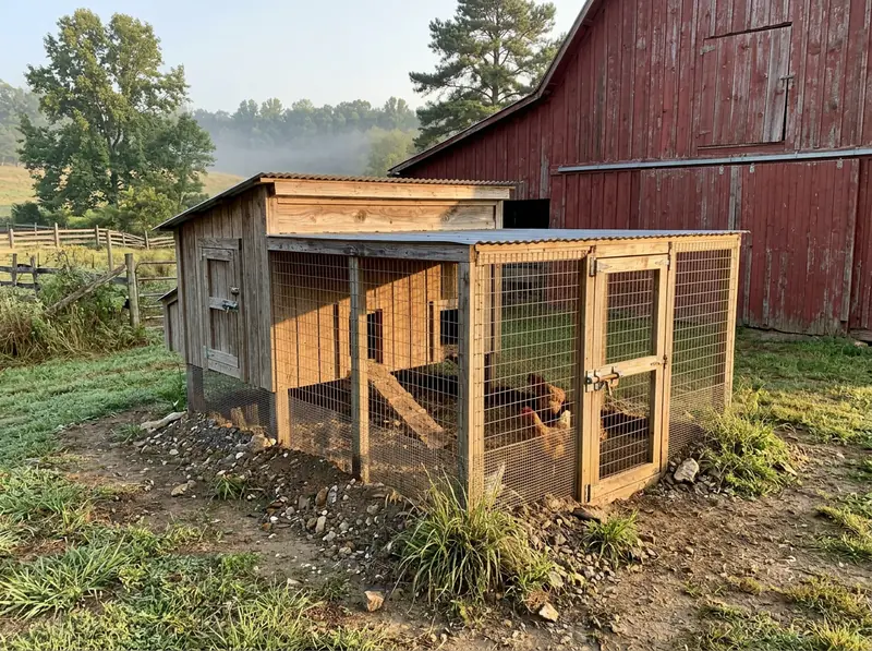 A Tennessee farm chicken coop with buried hardware-cloth skirt and heavy latches beside a red barn, morning light.