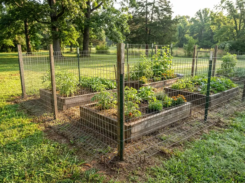 Garden Fence With Buried Wire Edge | Music City Wildlife A neat wire garden fence with a bent-out bottom edge pegged to the ground around raised vegetable beds in a Tennessee backyard, bright morning light.