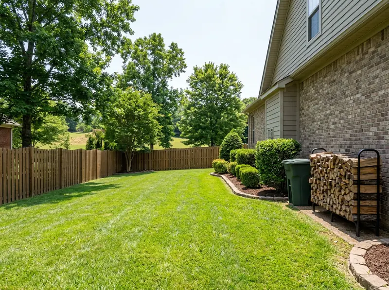 Trimmed Yard and Clean Woodpile | Music City Wildlife A tidy Tennessee yard with a neatly stacked firewood pile raised off the ground, trimmed shrubs and a sealed trash bin, bright daylight.