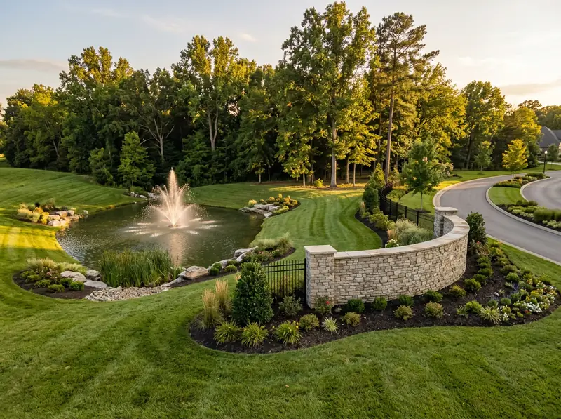 A Middle Tennessee community entrance with a stone sign wall, landscaped pond with fountain, mowed common lawn and mature trees, golden light, no readable text.