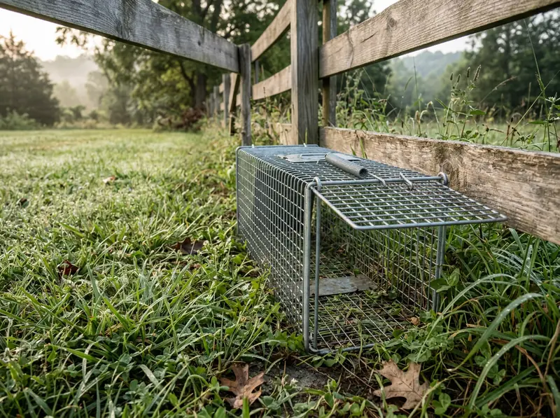 Live Trap Beside a Wooded Fence | Music City Wildlife A galvanized wire humane live trap set beside a wooden fence at the edge of a Tennessee lawn at dawn, dewy grass.