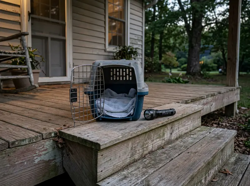 A small pet carrier lined with a clean towel and a flashlight on a Tennessee porch step in the early evening, soft light.
