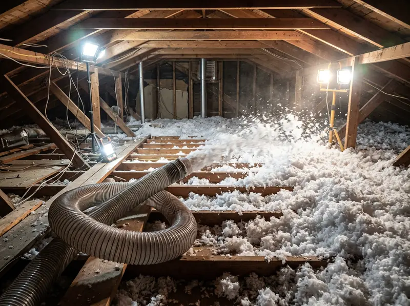Blowing New Insulation Into an Attic | Music City Wildlife A blown-in insulation hose spreading fluffy white insulation across an attic floor between joists, bright work lights, wide view.