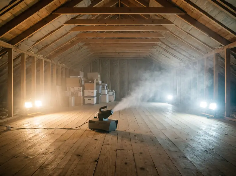 A small sanitizing fogger machine standing on a clean attic floor with a mist in the air and bright work lights, wide view.