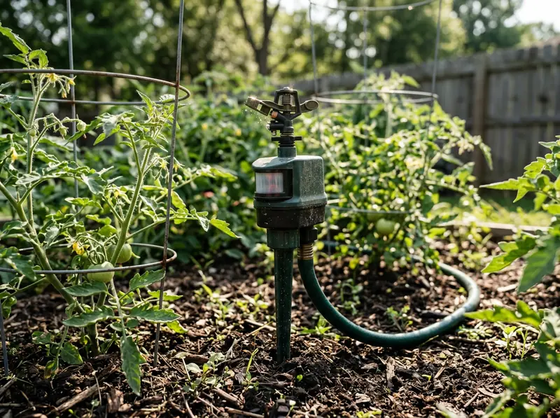 Motion-Activated Deterrent in a Yard | Music City Wildlife A small motion-activated sprinkler deterrent standing in a green Tennessee garden bed with tomato plants, shallow depth of field, bright daylight.