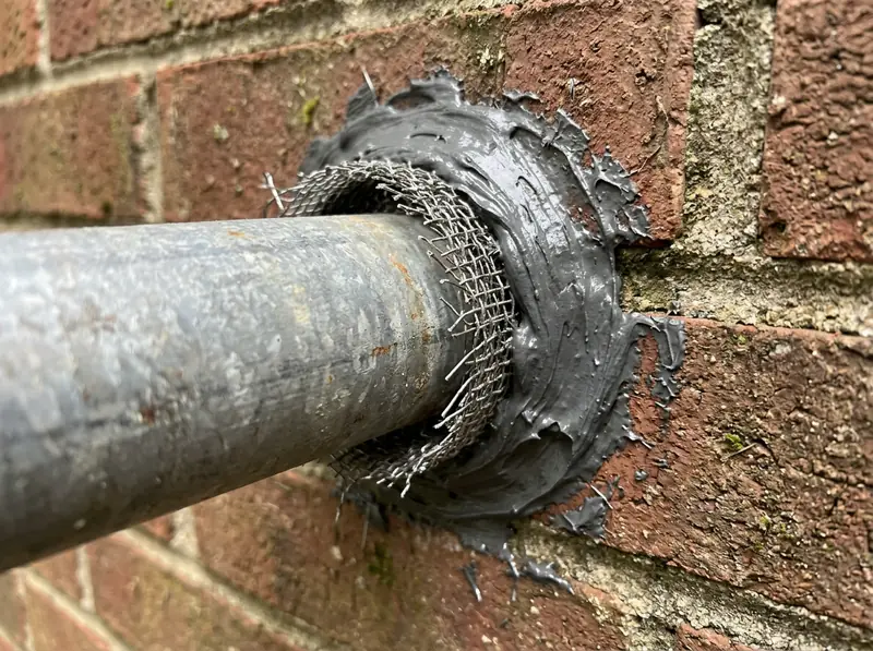 A pipe entering a Tennessee house wall with a ring of coarse steel mesh and fresh sealant packed around it, close sharp photo.