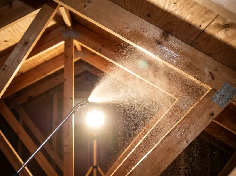 Sanitizing Spray Treatment in an Attic | Music City Wildlife A pump sprayer and a mist of sanitizing treatment over exposed wooden rafters in a clean attic, bright work lights, close photo.