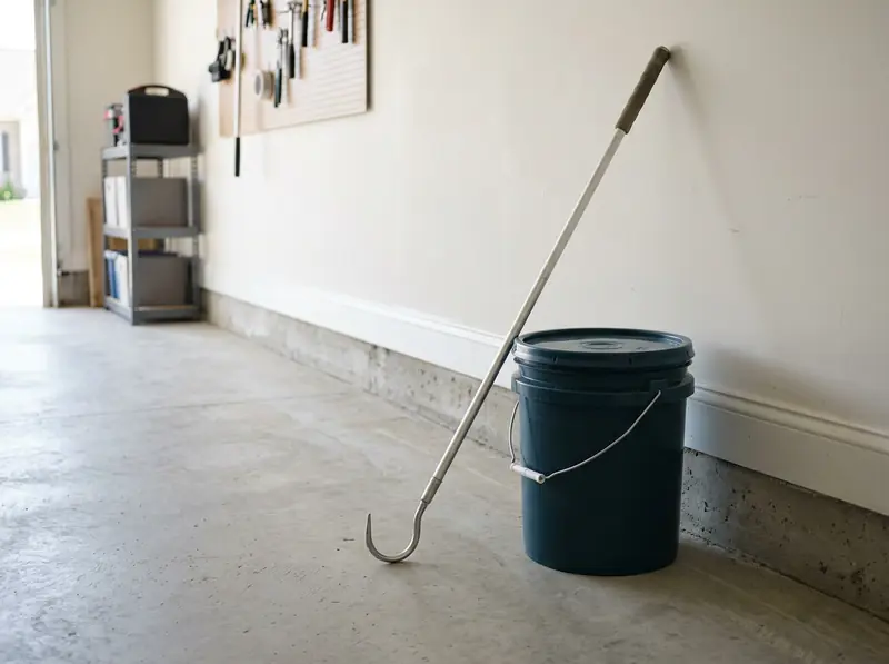 Snake Hook and Bucket in a Garage | Music City Wildlife A long snake hook and a lidded bucket against the wall of a clean Tennessee garage, bright light.