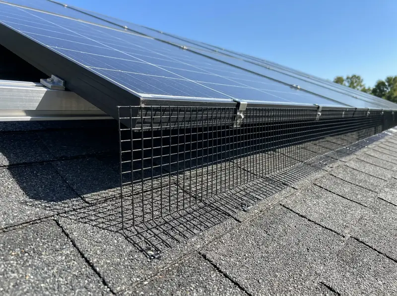 A rooftop solar panel array with a black wire mesh skirt installed along the lower edge to keep animals out, bright blue Tennessee sky, close angle.