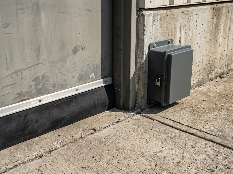 A loading dock door with a tight rubber door sweep and a locked tamper-resistant station beside it, concrete and bright daylight.